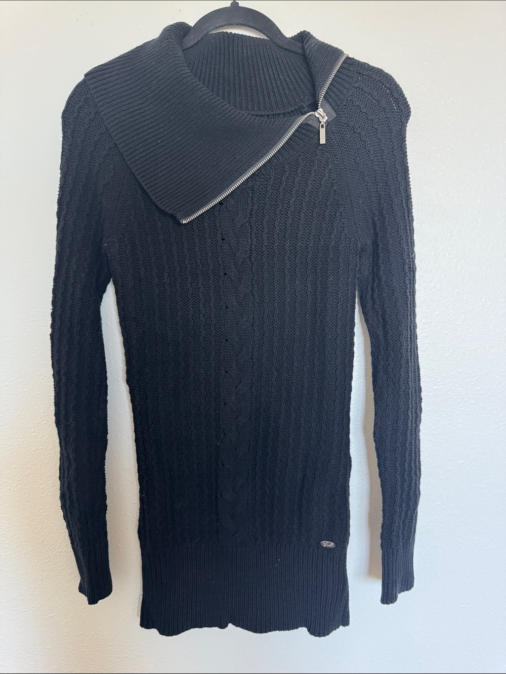 Women's Black Cable Knit Tunic Zip Collar Sweater